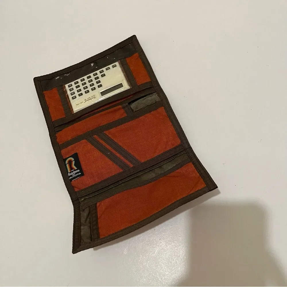 Vintage Rainbow Orange Rust Tri Fold Nylon Wallet w Calculator Hook Loop Closure